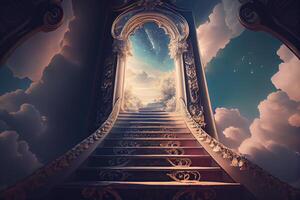generativ ai illustration av en fantastisk trappa den där leder upp till en himmelskt rike. de trappa är upplyst med en mjuk, eterisk ljus, en dimmig, magisk dis foto