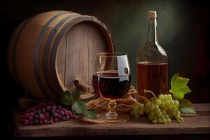 generativ ai illustration av vin med trä- tunna, hö och druva foto
