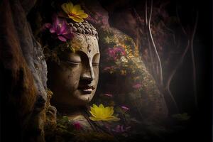 generativ ai illustration av abstrakt levande buddha, blommor, magi belysning, skön metallisk och sten färger, detaljerad, naturlig belysning, naturlig miljö. digitalt genererad bild foto