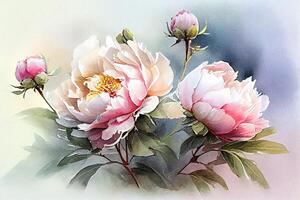 generativ ai illustration av de delikat skönhet av ljus pion blommor i en akvarell-stil bild, de blommor en mjuk och drömmande kvalitet foto