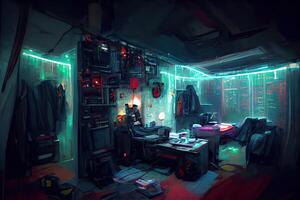 generativ ai illustration av rörig och mörk cyberpunk hacker gömställe rum med lampor foto