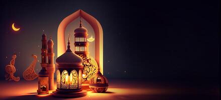 generativ ai illustration av islamic Semester. ramadan natt. moské och lykta visas på stadier med lysande ljus i de kväll. tapet och baner bakgrund. foto