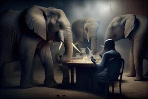 generativ ai illustration av afrikansk elefanter spelar poker i en rökig rum, de elefant poker spel foto
