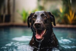 sällskapsdjur hund spelar och simning i de sommar slå samman generativ ai foto