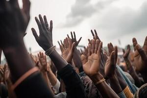 en folkmassan av människor Uppfostrad deras händer till de himmel, en kollektiv bön till Gud generativ ai foto