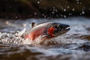 flod öring Hoppar ut av de vatten av en berg flod generativ ai foto