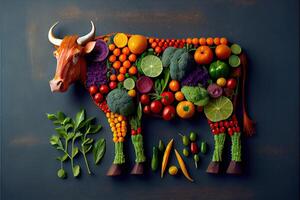 generativ ai illustration av en ko tillverkad av färsk frukt och grönsaker foto