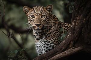 stänga upp ung leopard porträtt. stänga upp skön arg stor leopard i skog. generativ ai foto