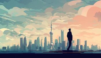 affärsman stående ser shanghai stad se, platt illustration bakgrund. generativ ai. foto
