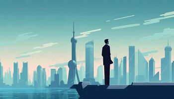 affärsman stående ser shanghai stad se, platt illustration bakgrund. generativ ai. foto