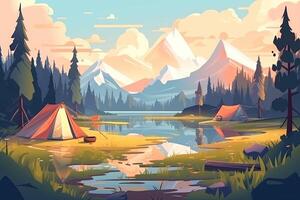 sommar skog eller berg turist campingplats eller campingplats med tält och öppen spis, platt tecknad serie vektor illustration. sommar backpackers camping bakgrund. generativ ai. foto