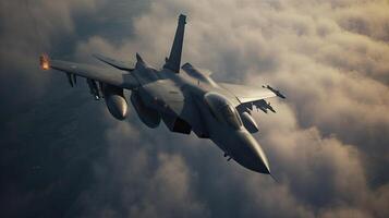militär kämpe flygplan på hög fart, flygande hög i de himmel. generativ ai foto