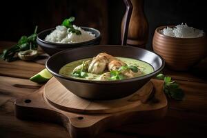 grön curry kaeng kheiyw hwan med thai mat för ångad ris eller ris spaghetti. thai mat mycket populär. generativ ai foto