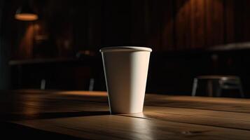papper kopp av kaffe på trä- vägg bakgrund. generativ ai foto