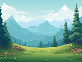 illustration av platt sommar tecknad serie landskap. fält med träd och bergen i de bakgrund. generativ ai. foto