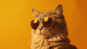 rolig studio skott av Häftigt katt bär solglasögon på gul bakgrund med kopia Plats. generativ ai. foto