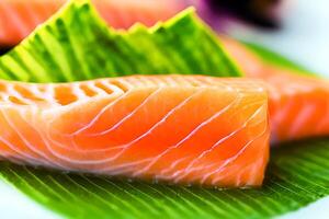 närbild lax sashimi, generativ ai foto