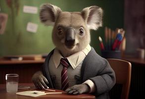 porträtt av ett antropomorf koala klädd som en skol i en klassrum. generera ai. foto