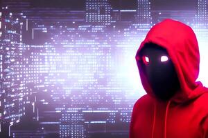 mysterium maskerad hacker ha på sig röd luvtröja med digital teknologi bakgrund, generativ ai foto