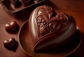 en skön hjärtformade choklad är på en tabell. generera ai. foto