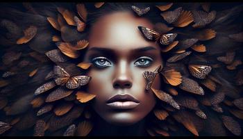 kvinnas ansikte fastnar ut i de mitten av en full grupp av fjärilar. generera ai. foto