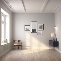 ett tömma vit skön rum med liten möbel generativ ai foto