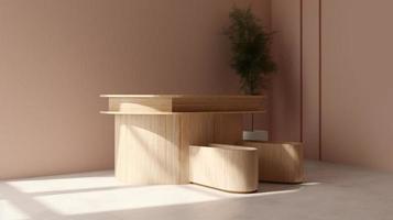 trä- podium för produkt presentation i modern interiör. 3d tolkning foto