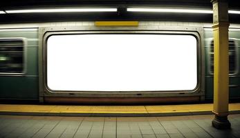 tömma anslagstavla i tunnelbana med tåg rör på sig i de bakgrund, tömma Plats annons styrelse, marknadsföring baner ad Plats i tunnelbana, annons anslagstavla nära tåg foto
