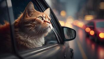 rolig katt rider i en bil och utseende ut av de fönster på de gata. generativ ai foto