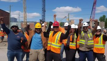 konstruktion arbetare höja deras händer i de luft arbetskraft dag, ai generativ foto