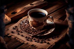 generativ ai illustration av kopp av kaffe och kaffe bönor på gammal trä- tabell och de plantager te kulle bakgrund foto
