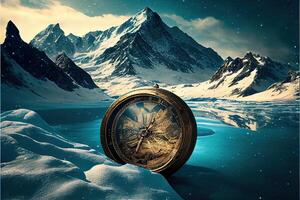 generativ ai illustration av vinter- landskap, frysta berg floder och sluttningar av bergen i de snö, gammal antik kompass i de snö foto
