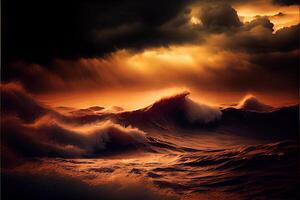 generativ ai illustration av stormig hav, guld och röd toner, dramatisk foto
