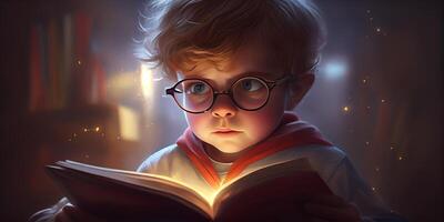 generativ ai illustration av intelligent söt pojke i glasögon läsning en bok, volumn ljus foto