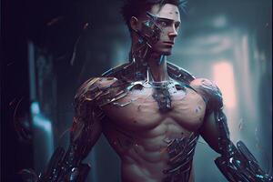 generativ ai illustration av robot vändning mänsklig fortfarande ha hud, in i cyborg, cyberpunk bakgrund foto