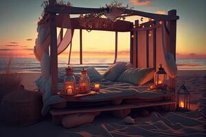 generativ ai illustration av en romantisk kväll förbi de hav, terar en mysigt trä- säng Utsmyckad med ljus och hälsningar, Allt upplyst förbi de värma glöd av en skön solnedgång foto