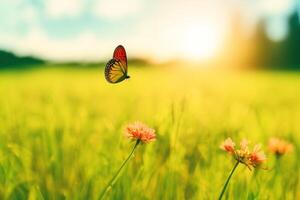 naturlig sommar med gräs och en fladdrande fjäril med ai genererad. foto
