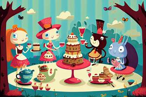 generativ ai illustration av en nyckfull te fest scen med en mängd av talande djur och tecken, i en färgrik och lekfull stil i sagoland foto