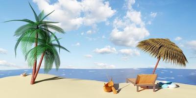 strand stol trä- med paraply, handflata träd, livboj, havet, skaldjur, båt, ö isolerat på blå himmel bakgrund.sommar resa koncept, 3d illustration eller 3d framställa foto