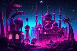 generativ ai illustration av fe- - berättelse arab natt stad med torn och musslor. natt neon orientalisk stad. fantasi urban arabicum landskap foto