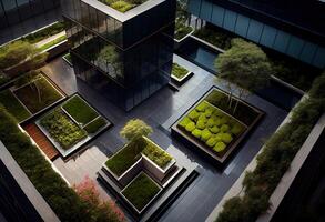 generativ ai illustration av underbar trädgård på de taket av en samtida glas kontor byggnad i Asien foto