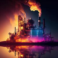 generativ ai illustration av en dubbel- exponering konstverk, ett olja, gas, och petrokemiska raffinaderi anläggning demonstrerar de framtida av elektricitet och de ingenjör foto