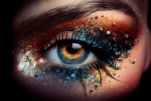 generativ ai illustration av skön kvinna ögon med karneval glas glittrande ögonskugga. stänga fokus. foto