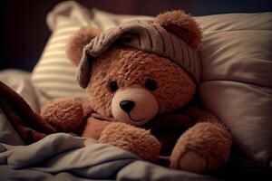 generativ ai illustration av en teddy Björn om i säng och känsla sjuk foto