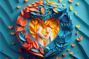 generativ ai illustration av origami valentine dag bakgrund, Lycklig par, färgrik. papper skära hantverk, 3d papper stil. neuralt nätverk genererad konst. digitalt genererad bild foto