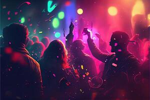 generativ ai illustration av ny år eve fest bakgrund, pop- Färg, grupp av människor dans och glad, nedräkning, neuralt nätverk genererad konst. digitalt målning, genererad bild. foto