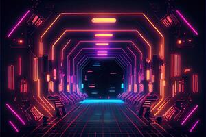 generativ ai illustration av gaming bakgrund, abstrakt cyberpunk stil av gamer tapet, neon glöd ljus av scifi fluorescerande pinnar. digitalt genererad bild foto