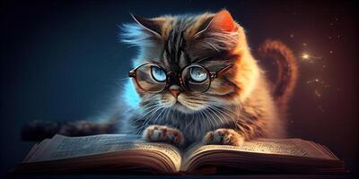 generativ ai illustration av intelligent allvarlig katt i glasögon läsning en bok, volumn ljus foto