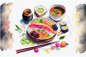generativ ai illustration av knolling japansk kök mat, vattenfärg måla stil, uppsättning av asiatisk mat foto