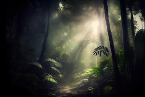 generativ ai illustration av mörk regnskog, Sol strålar genom de träd, rik djungel grönska. atmosfärisk fantasi skog foto